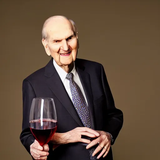 Image similar to photo of Russell M Nelson in a suit having a drink of wine, pr photo shoot, pristine and clean, 85mm lens,