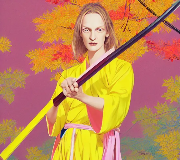 Image similar to breathtaking detailed pattern pastel colors, action scene from kill bill, with uma thurman ( kill bill ) in yellow kimono, swinging katana sword and autumn leaves, fuji, by hsiao - ron cheng, exquisite detail, enhanced eye detail