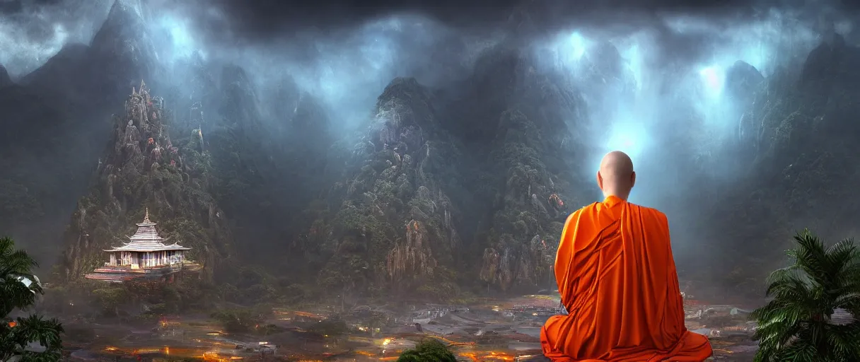 Prompt: sci fi cinematic establishing shot of a single sitting cyborg buddha with an intricated metallic orange robe, high detail digital painting a buddhist temple on a misty mountain, high detailed valley with palm trees, high camera angle, mystic atmosphere, a detailed metallic temple on a misty mountain, shiny metallic airships with reflections, volumetric fog, perspective painting, atmospheric shot, octane renderer