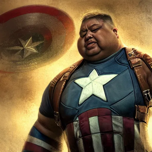 Prompt: hyperrealistic mixed media image of a morbidly obese captain america, stunning 3 d render inspired art by istvan sandorfi and greg rutkowski, perfect facial symmetry, realistic, highly detailed attributes and atmosphere, dim volumetric cinematic lighting, 8 k octane extremely hyper - detailed render, post - processing, masterpiece,