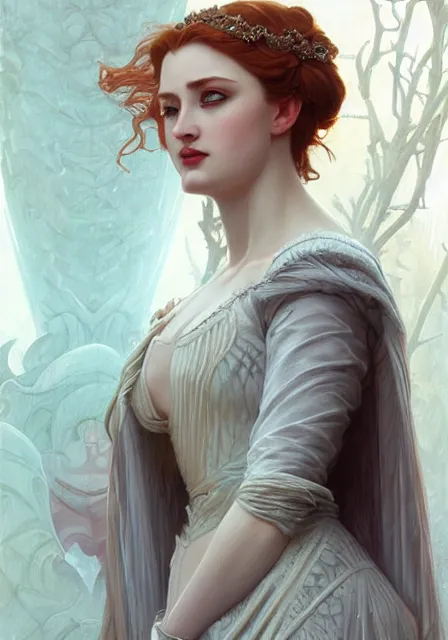 Prompt: sansa ice queen, intricate, elegant, highly detailed, digital painting, artstation, concept art, smooth, sharp focus, illustration, art by artgerm and greg rutkowski and alphonse mucha and william - adolphe bouguereau