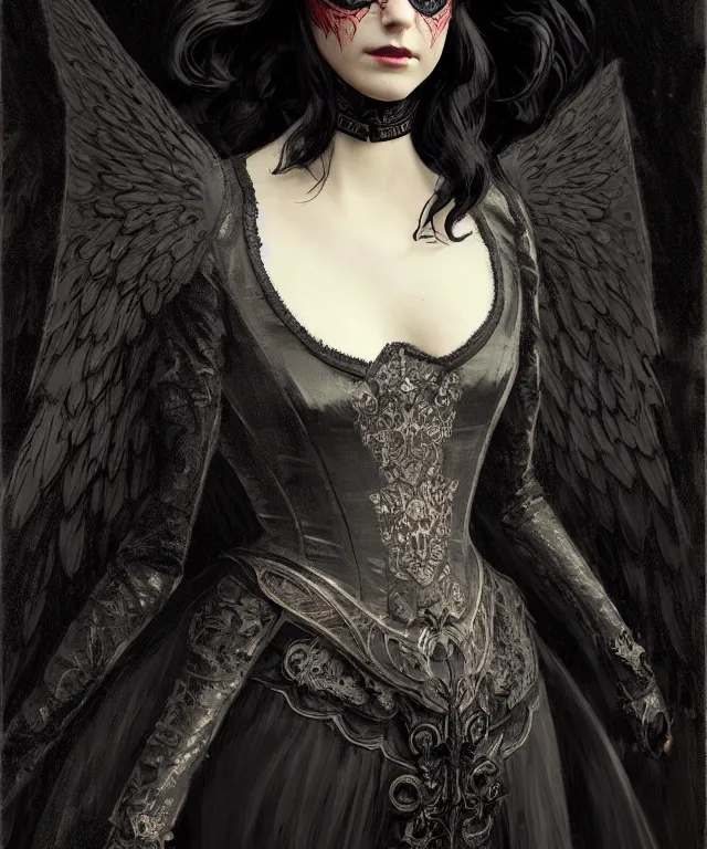 Prompt: wide shot of a dark angel with black wings spread wide and victorian style clothing, with a dark lace face mask, cinematic lighting, low key contrast, detailed, hyperrealistic, character concept art by tolkien and greg rutkowski