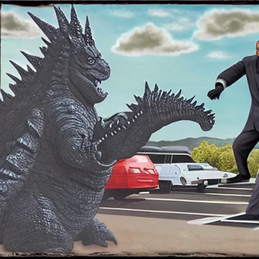 Image similar to godzilla vs obama in a wendy ’ s parking lot, photography, realistic, realism, photorealism, f 3. 5