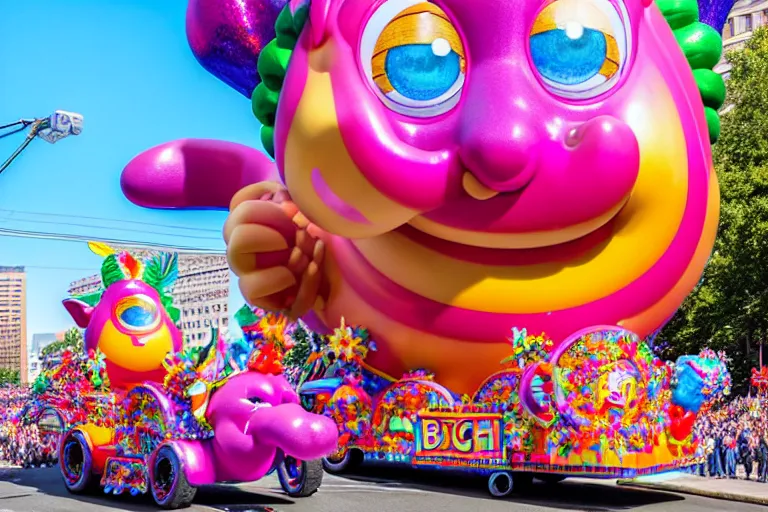 Image similar to photo of giant cute elaborate parade float character designed by ( ( ( ( ( ( ( ( lisa frank ) ) ) ) ) ) ) ) and bosch!!!!!!!!!!!!!!, in the macys parade, detailed 4 k photo,