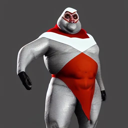 Image similar to Goose-Man, Cheesy supervillain, poorly made costume, overweight, skintight costume, high quality, unreal engine 5 render, high quality render, octane render, photo realistic,