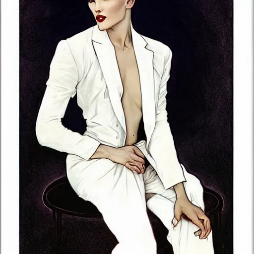 Image similar to graceful portrait of androgynous ruby rose as desire from sandman in a white tuxedo!!!, rockabilly style,, by alphonse mucha, by jeremy mann, by peter lindbergh, dave mckean, by frank moth, white suit and black tie, soft lightning, high detailed, 8 k