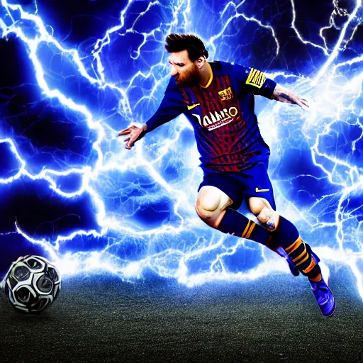 Image similar to lionel messi running extremely fast engulfed in blue lightning vortex, 8 k