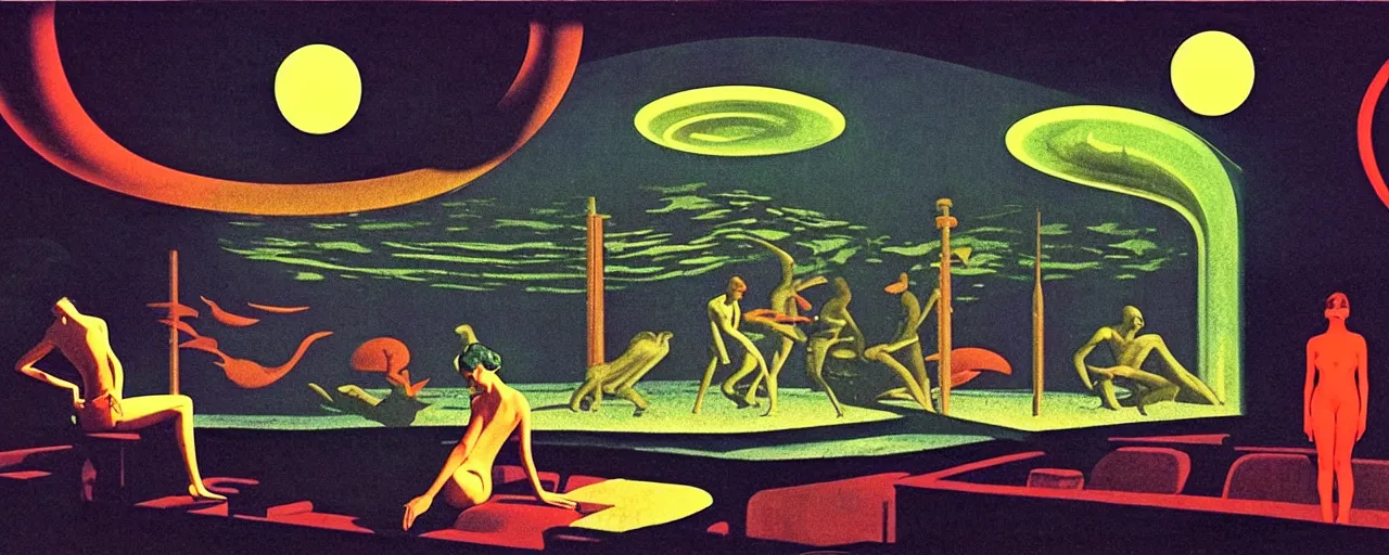 Image similar to 1968 cut out collage, theater stage, neon Greek, dusk on Jupiter, epic theater, deep sea ambience, aquatic plants, film noir, in part by Hale Woodruff, part by Moebius, composition Edward Hopper, written by H. P. Lovecraft