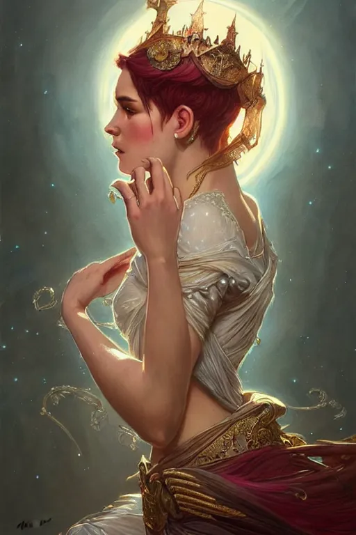 Image similar to Halsey as a princess, fantasy, intricate, elegant, highly detailed, digital painting, artstation, concept art, matte, sharp focus, illustration, art by Artgerm and Greg Rutkowski and Alphonse Mucha