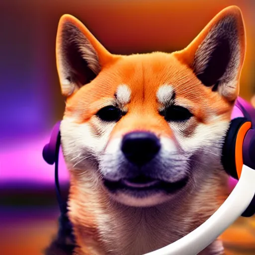 Image similar to shiba inu wearing a gaming headset, playing on computer with screen glowing on face, digital art