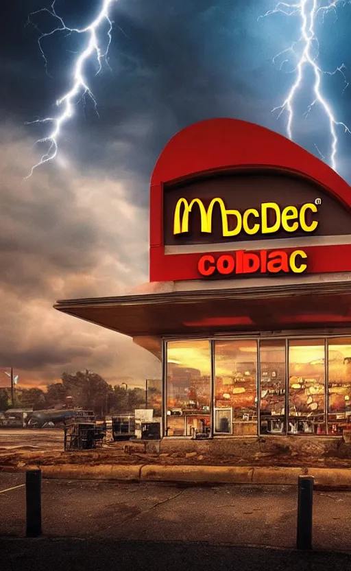 Image similar to beautiful epic photo of uk mcdonalds in an apocalypse. thunder, lightning, fantasy art, hd, hq. very detailed.