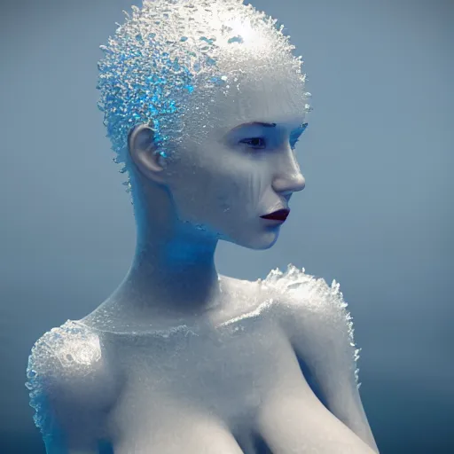 Image similar to a beautiful woman made out of crystal ice sitting by a campfire and slowly melting, by iris van herpen, unreal engine 5, outdoor campfire pit