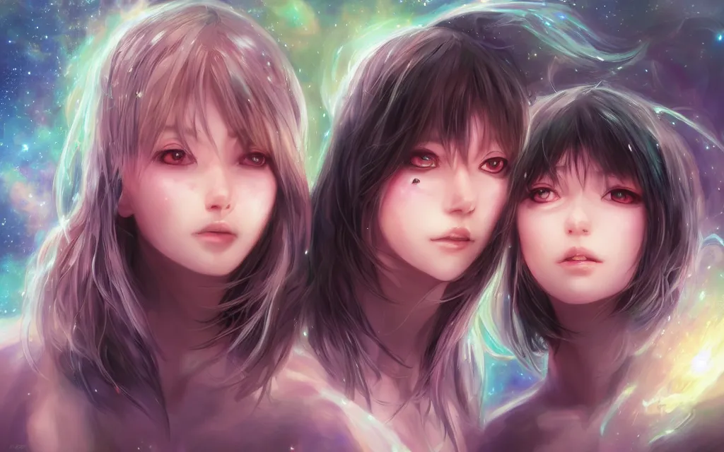 Prompt: A realistic anime portrait of a beautiful cosmic twins with glowing void eyes and cosmic skin wearing clothes made of galaxies, digital painting, by Stanley Artgerm Lau, Sakimichan, WLOP and Rossdraws, digtial painting, trending on ArtStation, SFW version