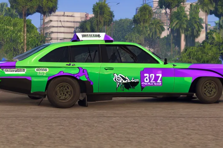 Image similar to purple and green wrc snakeoil livery rally car, gta 5 stylized, official fanart by jesper ejsing, by wlop, frank frazetta and r. crumb