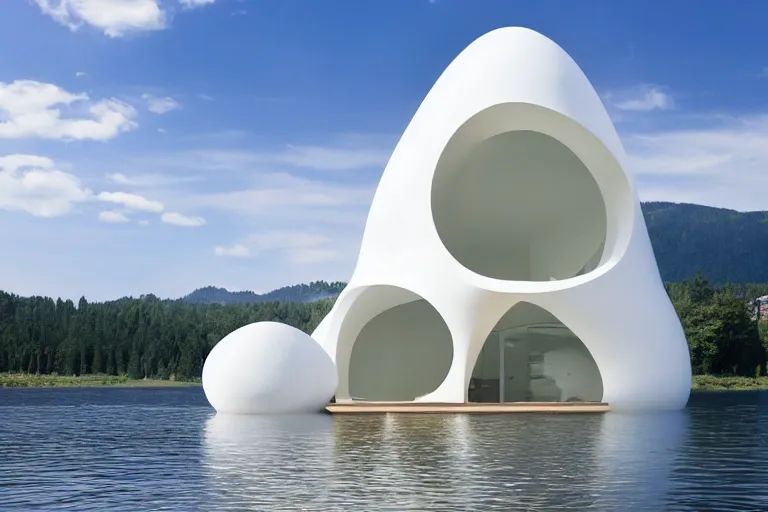 Prompt: a building formed by many multi - white egg - shaped spaces arranged and combined. on the calm lake, people's perspective