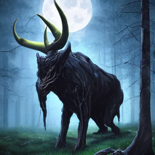 Prompt: Giant creepy creature with horns in a forest, digital art, realistic, moonlight, artstation, detailed