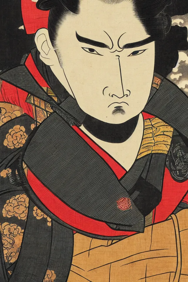 Image similar to a portrait of chow yun - fat in samurai armor, in the art style of ukiyo - e, sengoku - era art style, artistic 4 k