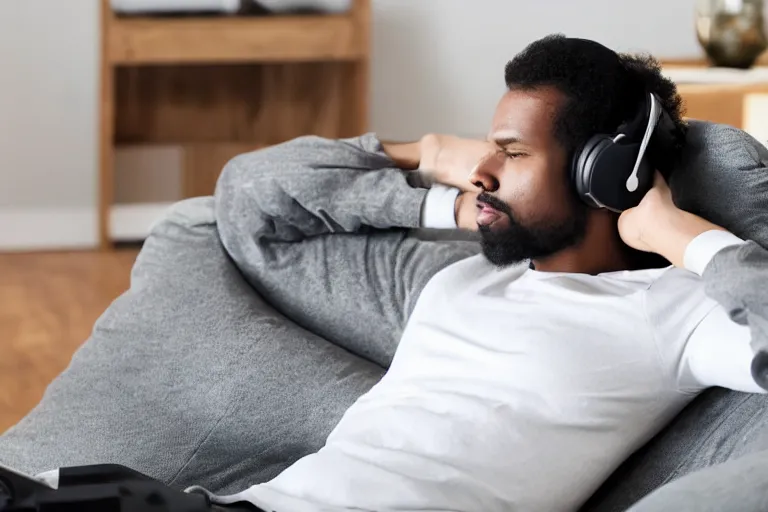 Image similar to a man that is deep in thought is wearing a white t - shirt and black sweat pants and wearing over the ear headphones is sitting in a brown leather reclining chair in a living room