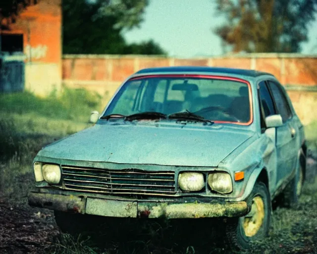 Image similar to a lomographic photo of old lada 2 1 0 7 standing in typical soviet yard in small town, hrushevka on background, cinestill, bokeh