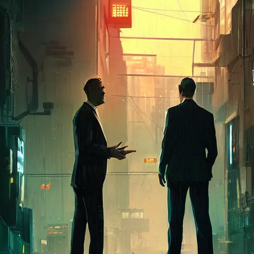 Prompt: two businessman talking, detailed digital illustration by greg rutkowski, cyberpunk back alley, nighttime, colorful lighting