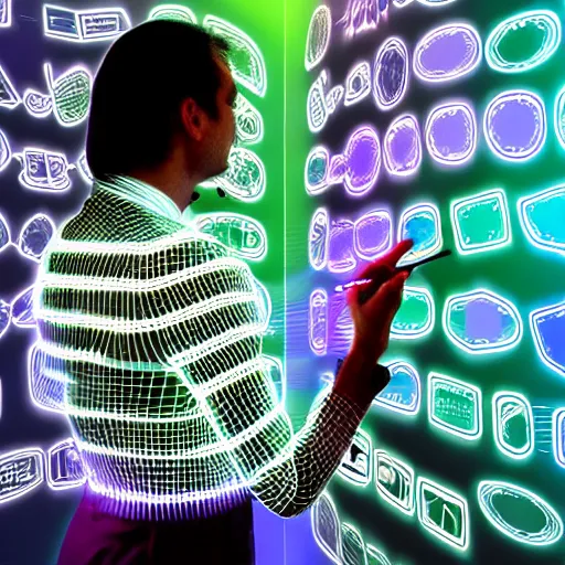 Prompt: Person using a holographic 3d mind map. User interface. Award-winning. UX/UI. User experience. Natural intuitive expressive. Multi-layered. Graspable. Easy. Complex.