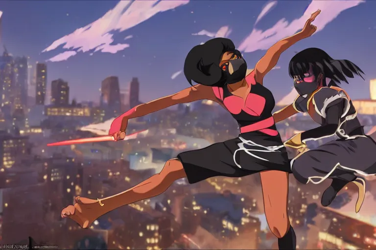 Image similar to a fierce young black female dressed as a ninja wearing a diamond is attacking an powerful goddess on a harlem rooftop, highly detailed, 4lighting, anime scenery by Makoto shinkai