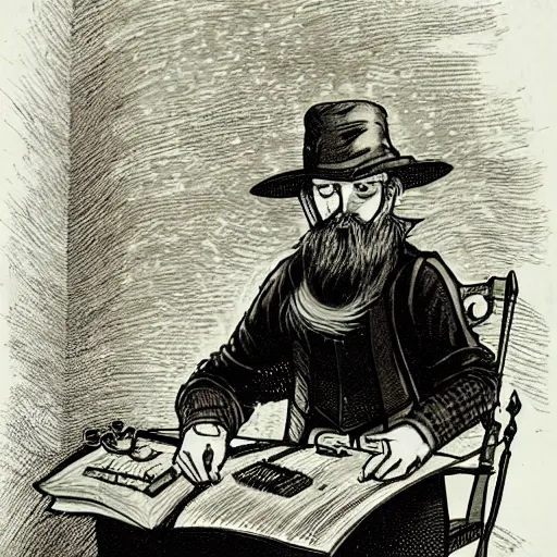 Prompt: A blond bearded D&D wizard in a wide brimmed hat using magical computer equipment at a desk cluttered with tomes, Pathfinder D&D character portrait