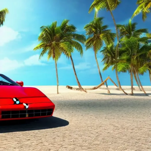 Image similar to a red Ferrari testarossa next to a white sand beach with palm trees. 16bit graphics. HD 8K. Intricate detail