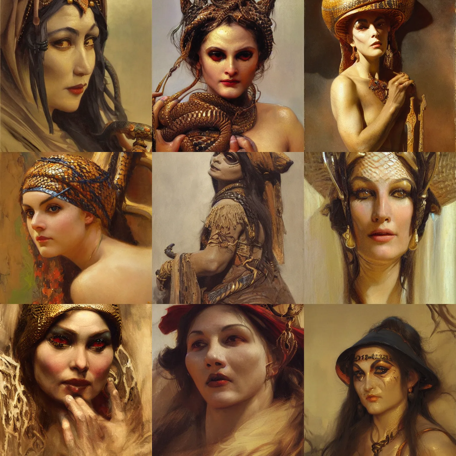 Prompt: cute snake witch orientalism face detail by theodore ralli and nasreddine dinet and anders zorn and edwin longsden long, bronze age, sword and sorcery, oil on canvas, masterful intricate artwork, excellent lighting, high detail 8 k
