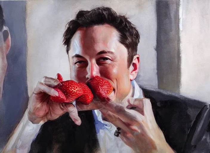 Image similar to a highly detailed beautiful portrait of elon musk eating strawberry by gregory manchess, james gurney, james jean