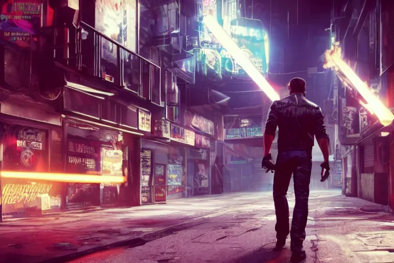 Prompt: a detailed full bodied 3 d render of an extremely handsome jensen ackles as the terminator walking down a dark alley in cyberpunk 2 0 7 7 and holding a glowing electrified katana, facing the camera, explosion in the background, volumetric lighting, octane render, 8 k, art by greg rutkowski and albert bierstadt and alphones mucha