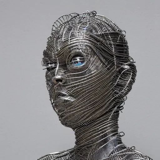 Image similar to realistic silver metal detailed wire sculpture of the human consciousness