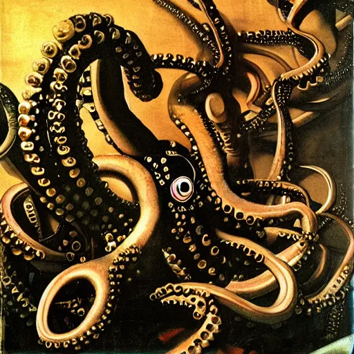 Prompt: cybernetic overlord octopus overseeing human techno slaves, by caravaggio