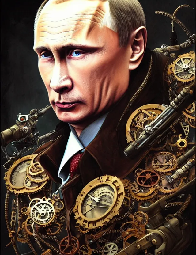 Image similar to a portrait of vladimir putin in a steampunk style, by moebius and tyler edlin and hr giger, trending on artstation, digital art, 4 k resolution, detailed, high quality, sharp focus, hq artwork, coherent, insane detail, concept art