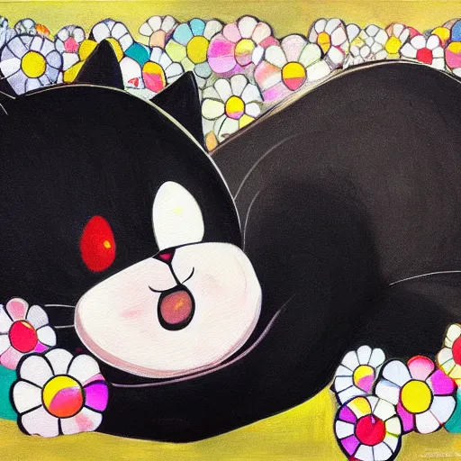 Prompt: a painting of an adorable sweet fat black cat sleeping in the style of takashi murakami