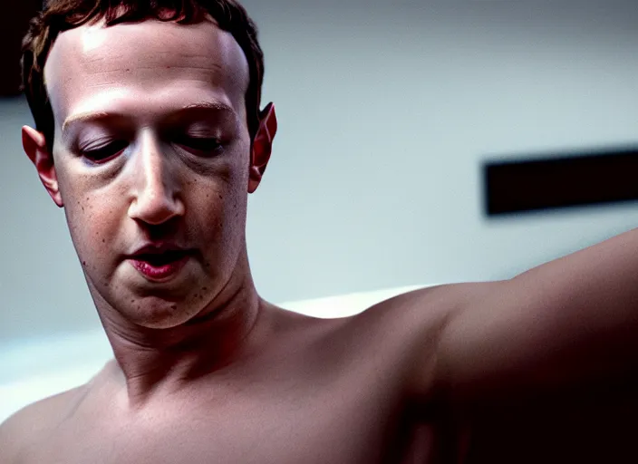 Image similar to film still of mark zuckerberg floating in a tank of milky fluid as a precog eyes closed and wires on his forehead minority report movie, 8 k