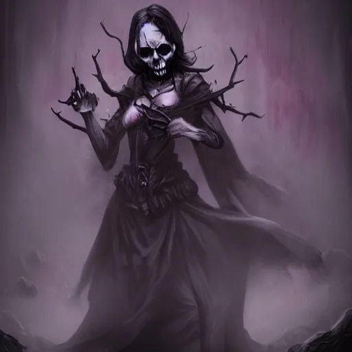 Image similar to female wraith, undead, dynamic pose, skull, terrifying, dark, fog, artstation