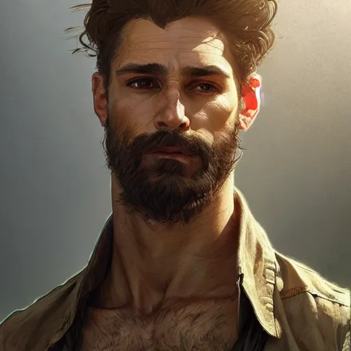 Image similar to portrait of a rugged ranger, full body, open shirt, hairy torso, D&D, fantasy, intricate, elegant, highly detailed, digital painting, artstation, concept art, matte, sharp focus, illustration, art by Artgerm and Greg Rutkowski and Alphonse Mucha