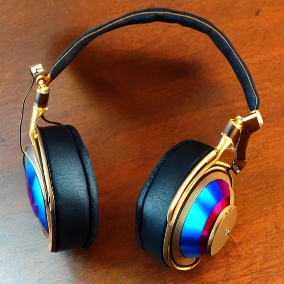 Image similar to masterpiece photo of beautiful crafted artistic bismuth metal headphones, bismuth rainbow metal, bismuth cups, leather padding, displayed on mahogany desk, modernist headphones, bismuth headphones beautiful well designed, hyperrealistic, audiophile, intricate hyper detail, extreme high quality, photographic, meze audio, sennheiser, hifiman, artstation, abyssal audio