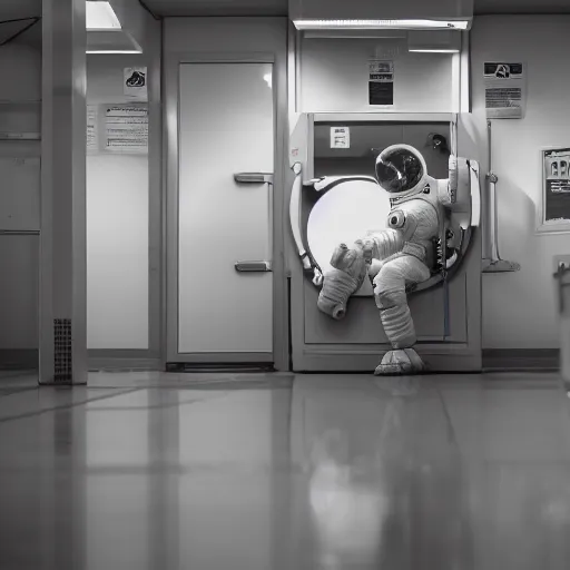 Image similar to a beautiful photo of an astronaut waiting in a laundromat, soft light, morning light, depth of field, photorealistic, realistic, octane, 8k, cinematic shot