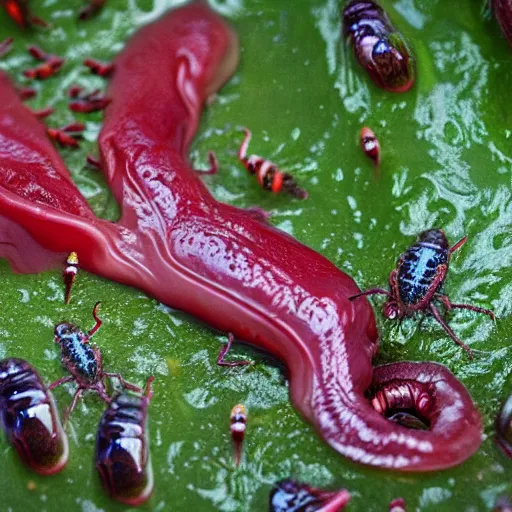 Image similar to slimy monster, long slimy tongue, dripping saliva, macro photo, fangs, red glowing skin, skin with scales, cinematic, tiny glowbugs everywhere, wasps attacking, swamp water, insanely detailed, dramatic lighting