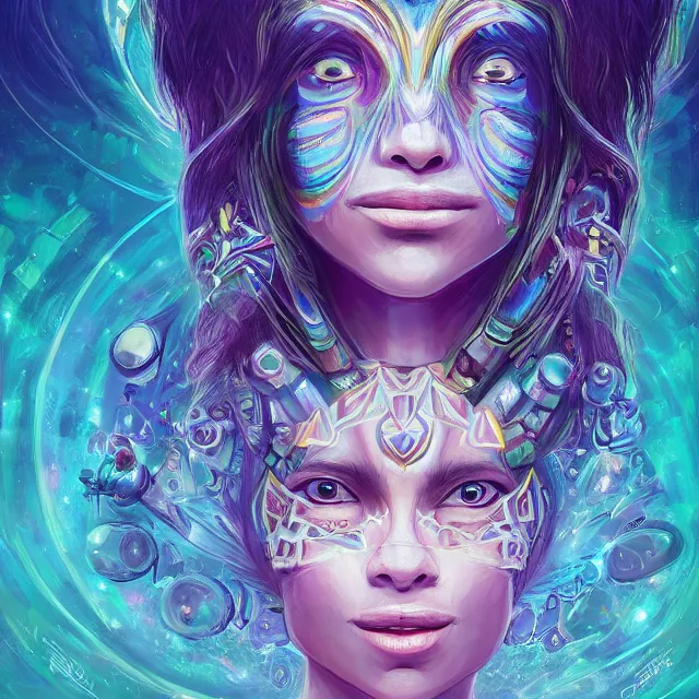 Image similar to portrait of a future metaverse ayahuasca tech shaman warrior, 2 d cartoon, visionary art, symmetric, magick symbols, holy halo, shipibo patterns, sci - fi, concept art, trending on art station, 8 k digital art, by mandy jurgens, fantasy portrait art, anime