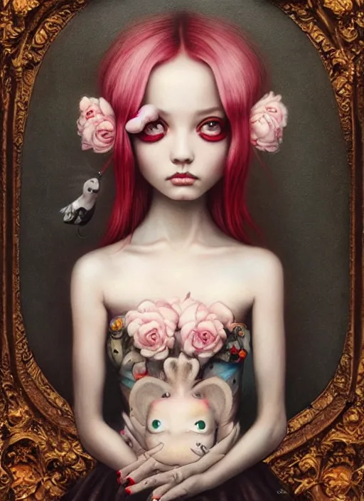 Prompt: pop surrealism, lowbrow art, realistic cute alice girl painting, japanese street fashion, hyper realism, muted colours, rococo, loreta lux, tom bagshaw, mark ryden, trevor brown style