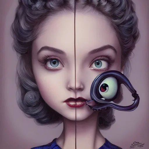 Image similar to Lofi portrait, Pixar style by Joe Fenton and Stanley Artgerm and Tom Bagshaw and Tim Burton, sideways glance