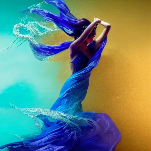 Image similar to masterpiece artwork of beautiful modern woman dancing underwater wearing a flowing dress made of blue, magenta, and yellow seaweed, delicate coral sea bottom, swirling silver fish, swirling smoke shapes, octane render, caustics lighting from above, cinematic, hyperdetailed