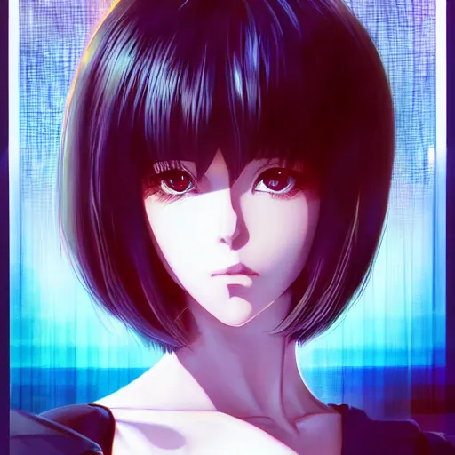 Image similar to An anime portrait of beautiful girl still from cybercity 1985 by Stanley Artgerm Lau ,WLOP, Ilya Kuvshinov ,James Jean, Andrei Riabovitchev , symmetrical , synthwave