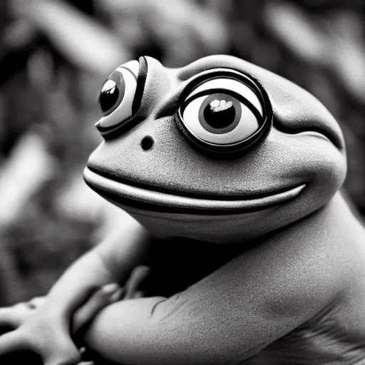 Image similar to stunning black and white photo of pepe the frog