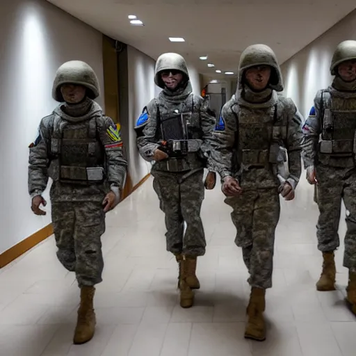 Image similar to a squad of futuristic soldiers in a spaceship hallway