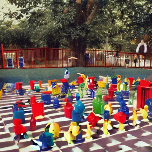 Image similar to colorful and bright chessboard on a playground made of children’s toys, award winning photography, wide shot, vintage 70s scanned magazine ad