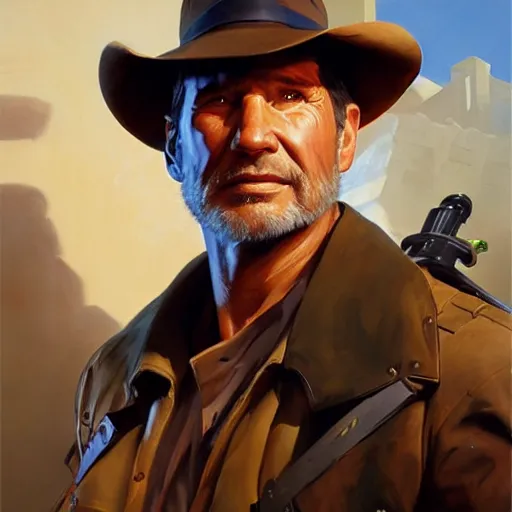 Image similar to greg manchess portrait painting of partially armored indiana jones as overwatch character, medium shot, asymmetrical, profile picture, organic painting, sunny day, matte painting, bold shapes, hard edges, street art, trending on artstation, by huang guangjian, gil elvgren, ruan jia, randy vargas, greg rutkowski